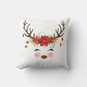Vintage Modern Floral Reindeer Holiday Whimsical Cushion