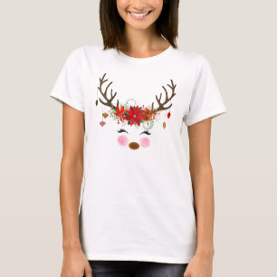 Vintage Modern Floral Reindeer Holiday Whimsical T-Shirt