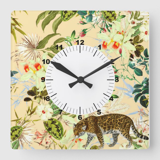 Vintage Modern Flower Jungle Tropical Square Wall Clock (Front)