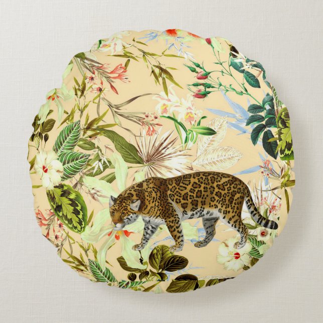 Vintage Modern Flower Tiger Jungle Tropical Round Cushion (Front)