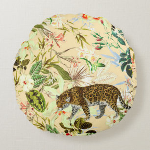 Vintage Modern Flower Tiger Jungle Tropical Round Cushion