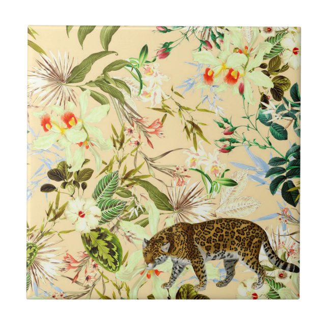 Vintage Modern Flower Tiger Jungle Tropical Tile (Front)