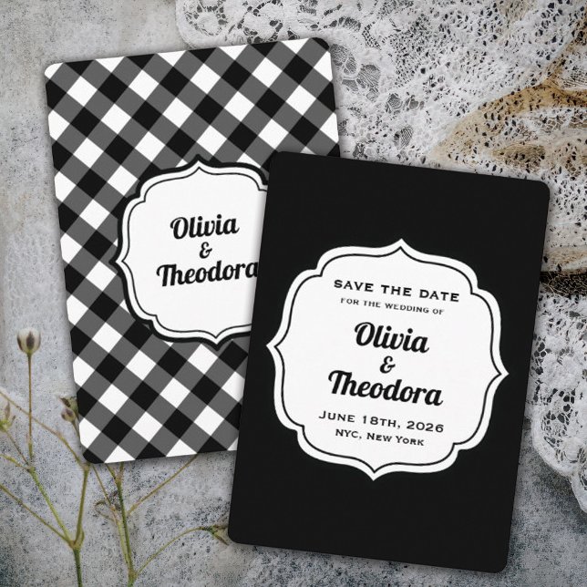 Vintage Modern Gingham Save the Date Cards (vintage modern black and white gingham wedding save the date  )