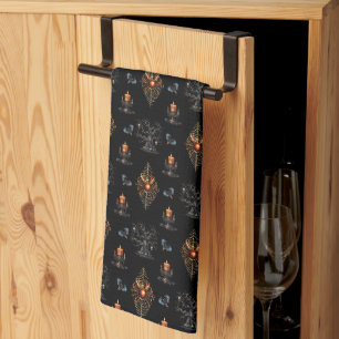 Vintage Modern Gothic Halloween Pattern Tea Towel
