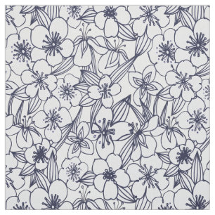 Vintage modern hand drawn navy blue ivory floral fabric