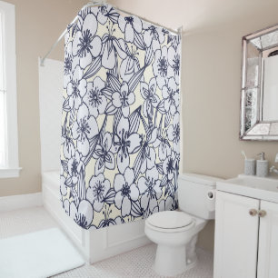 Vintage modern hand drawn navy blue ivory floral shower curtain