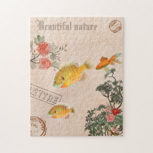 Vintage Modern Nature Flowers Fish Greenery Jigsaw Puzzle