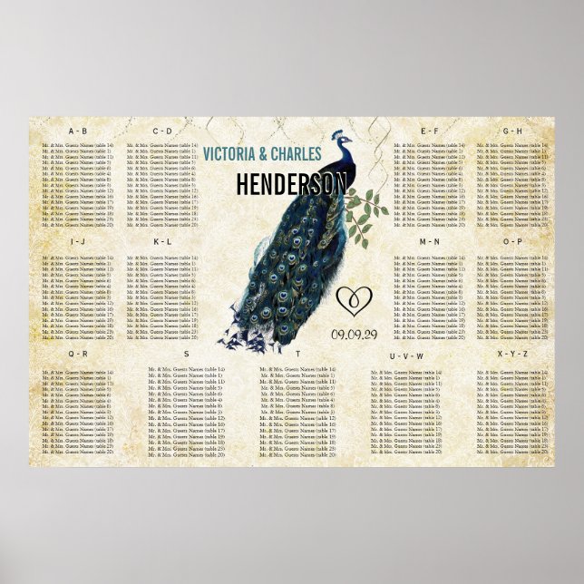 Vintage Modern Peacock Seating Chart (Front)