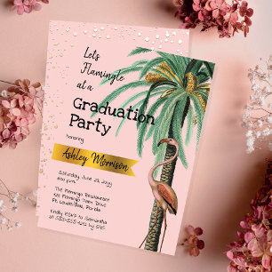 Vintage Modern Pink Flamingo Palm Tree Grad Party Invitation