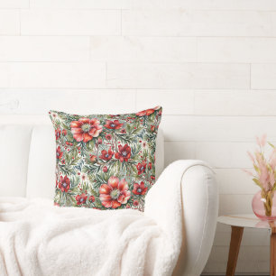 Vintage Modern Red Roses and Fir Cushion