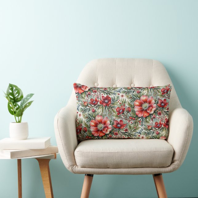 Vintage Modern Red Roses and Fir Lumbar Cushion (Chair)