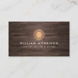 Vintage Modern Rose Gold Sun Logo on Dark Wood Business Card