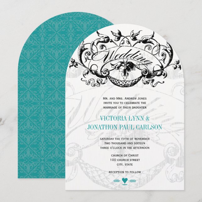 Vintage Modern Teal Aqua Wedding Invitations (Front/Back)