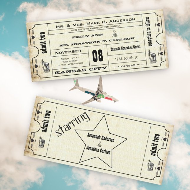 Vintage Modern Typography Ticket Wedding Invitation (Creator Uploaded)