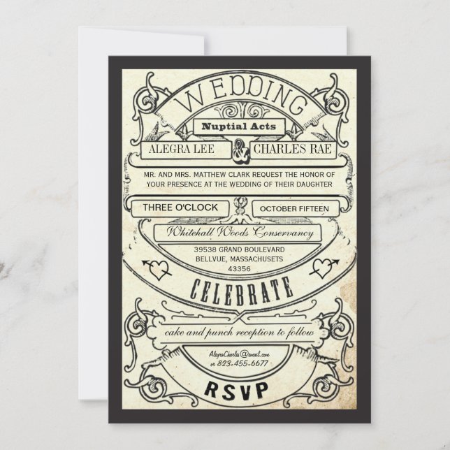 Vintage Modern Typography Ticket Wedding Invite (Front)