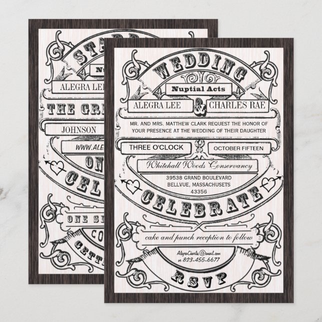 Vintage Modern Typography Ticket Wedding Invite (Front/Back)