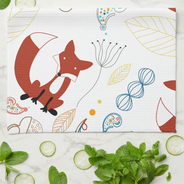 Vintage Modern Woodland Animals Fox Pattern Tea Towel (Folded)