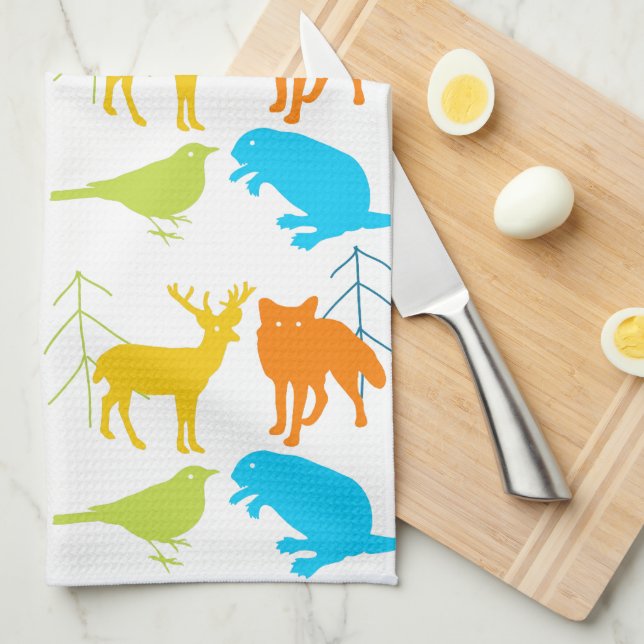 Vintage Modern Woodland Animals Fox Pattern Tea Towel (Quarter Fold)