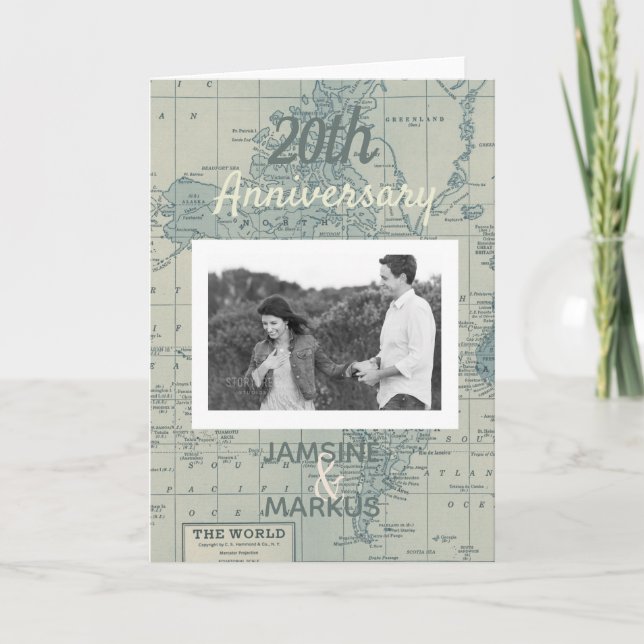 Vintage modern World map anniversary photo Invitation (Front)
