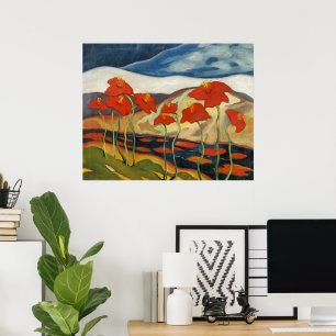 Vintage Modernist Red Poppies Surreal Landscape Poster