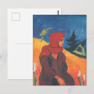 Vintage Modernist Village Girl in Red Scarf Art Postcard