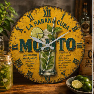 Vintage Mojito Cuban Cocktail Kitchen Large Clock