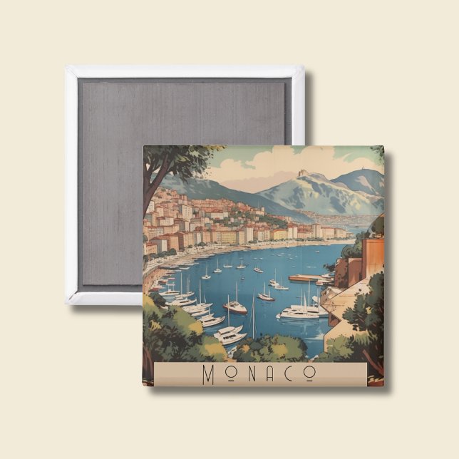 Vintage Monaco Harbour Travel Scene Custom Text Magnet (Creator Uploaded)
