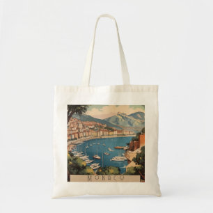 Vintage Monaco Harbour Travel Scene Custom Text Tote Bag