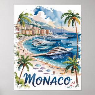 Vintage Monaco Watercolor French Riviera Travel Poster