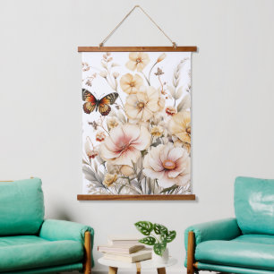Vintage Monarch Butterfly and Flowers Hanging Tapestry