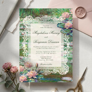 Vintage Monet Pink Water Lily Floral Lace Wedding Invitation
