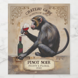 Vintage monkey drinking red wine personalised wine label