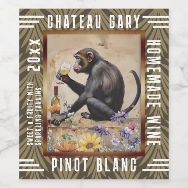 Vintage monkey white wine bottle personalised wine label (Single Label)