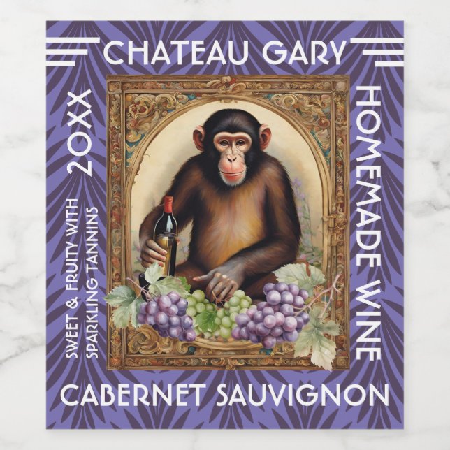 Vintage monkey wine bottle grapes personalised label (Single Label)