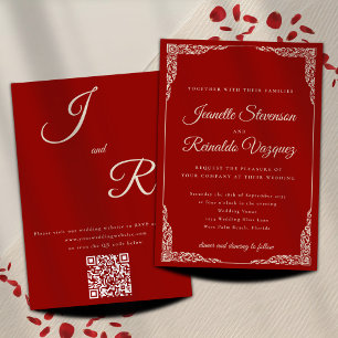 Vintage Monochromatic Ruby Red QR Code Wedding  Invitation