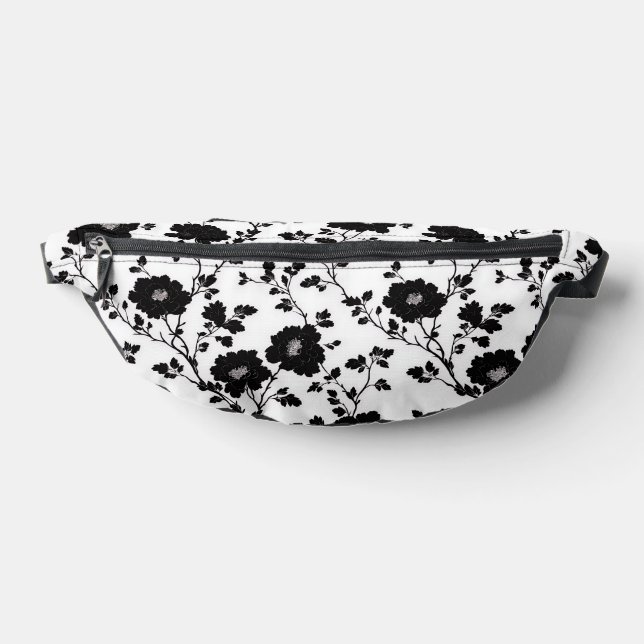 Vintage Monochrome Black Flower Toile Nature Bum Bags (Lay Down)