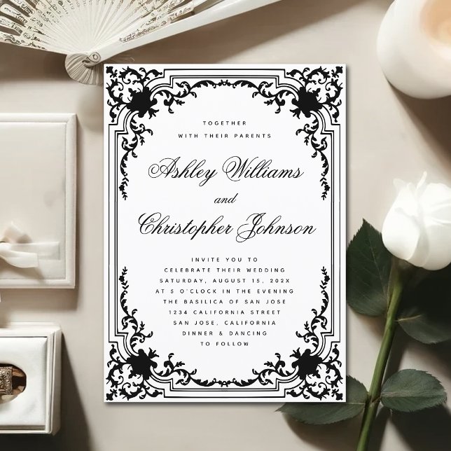  Vintage Monochrome Black & White Elegant Wedding Invitation (Creator Uploaded)