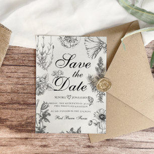 Vintage Monochrome Botanical Wedding Save The Date