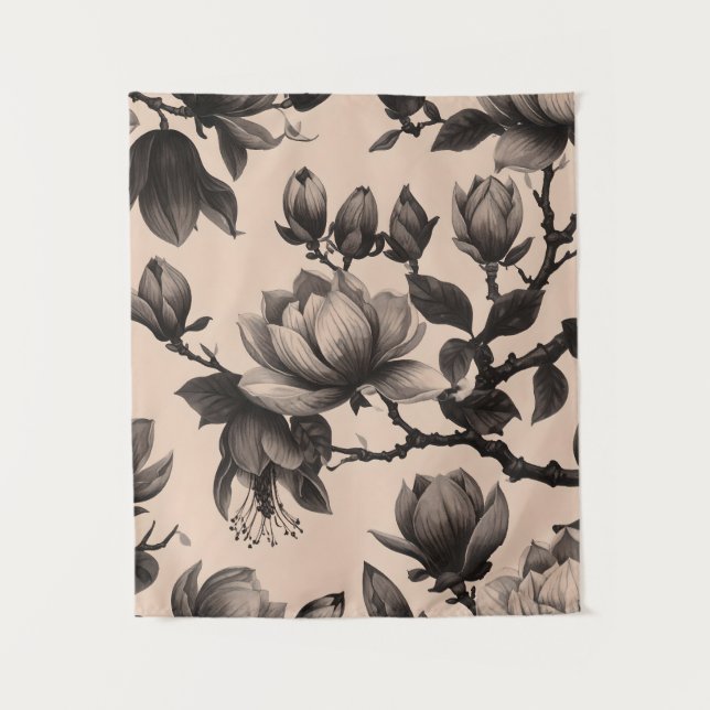 Vintage Monochrome Magnolia Floral Tapestry (Front)