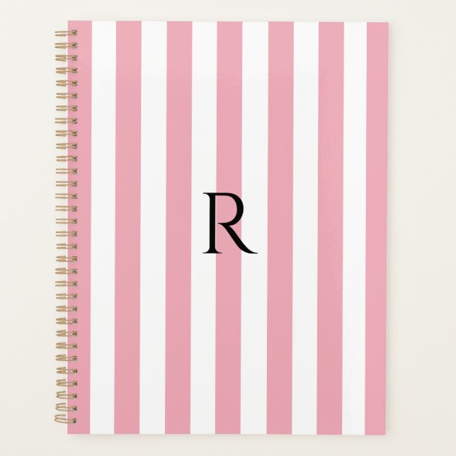 Vintage Monogram Baby Pink & White Stripes Striped Planner (Front)