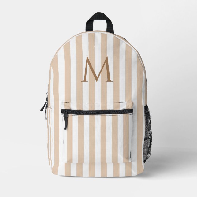 Vintage Monogram Beige & White Stripes Striped Printed Backpack (Front)