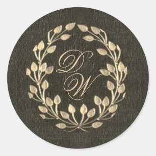 Vintage Monogram Black Gold Wreath Elegant Script  Classic Round Sticker