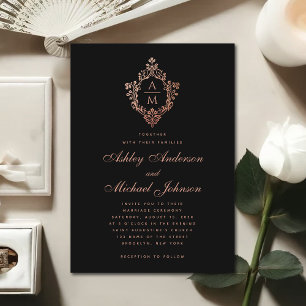 Vintage Monogram Black Rose Gold Crest Wedding Invitation