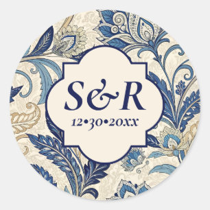 Vintage Monogram Blue Cream Damask Floral Wedding Classic Round Sticker