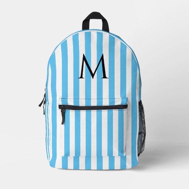 Vintage Monogram Blue & White Stripes Striped Printed Backpack (Front)
