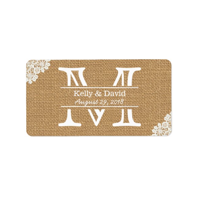 Vintage Monogram Burlap & Lace Rustic Wedding Label (Front)
