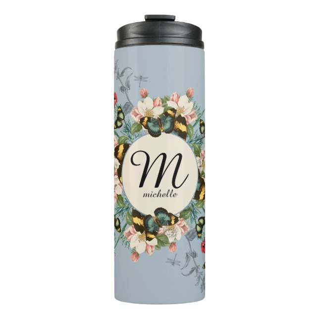 Vintage Monogram Butterfly Dusty Blue Custom Thermal Tumbler (Front)