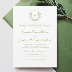 Vintage Monogram Crest Green Wedding Invitation