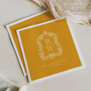 Vintage Monogram Crest Marigold Yellow Wedding Napkin