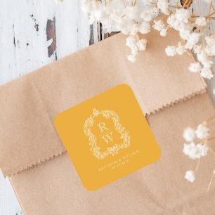 Vintage Monogram Crest Marigold Yellow Wedding Square Sticker